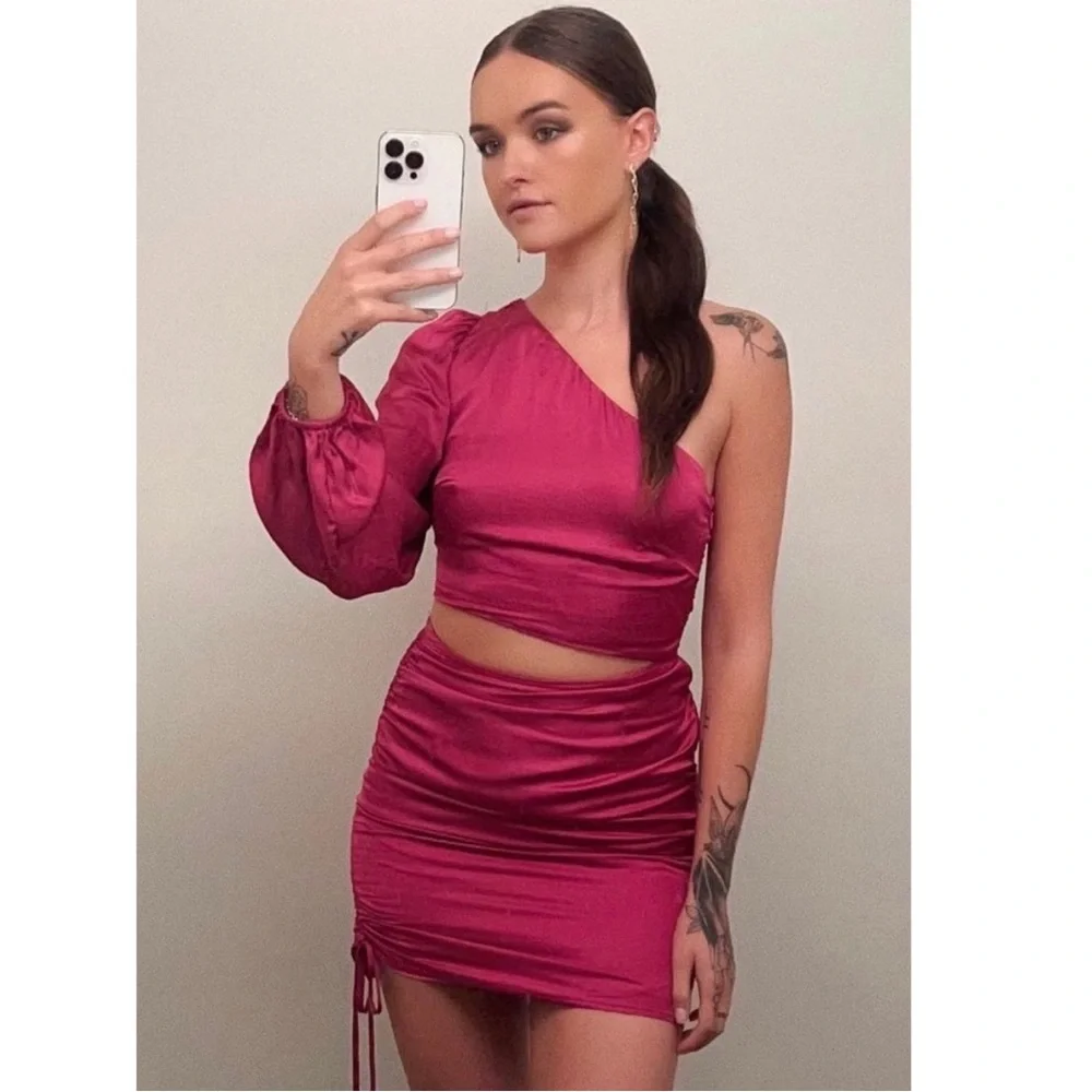 NWT Olivaceous Pink Gabelli One Sleeve Cut-Away Mini Dress M - Picture 14 of 14